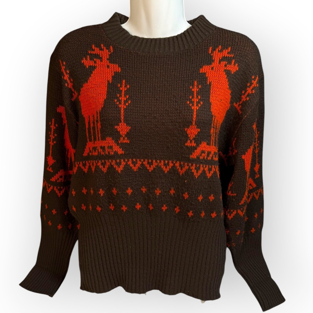 Vtg Puritan Mens Brown Orange Reindeer Moose Ugly Knit Sweater Orlon M Grandpa